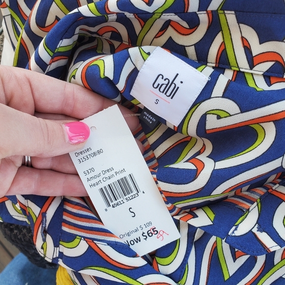 NWT CAbi Blue Amour Dress Heart Chain Print Button Front Size Small Women's - Picture 3 of 16